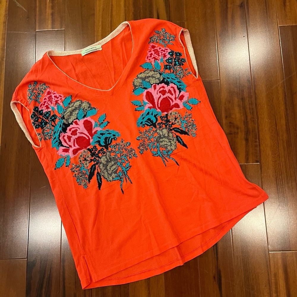 Aldomartins Knit Sweater Top Bright Orange Coral V-Neck Floral Cap‎ Sleeve Small